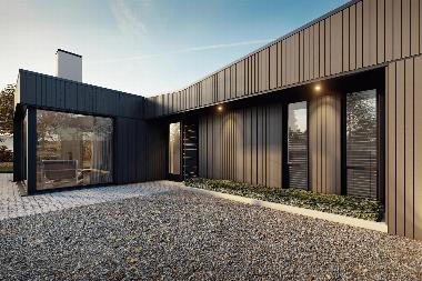 Black home with wooden panelling